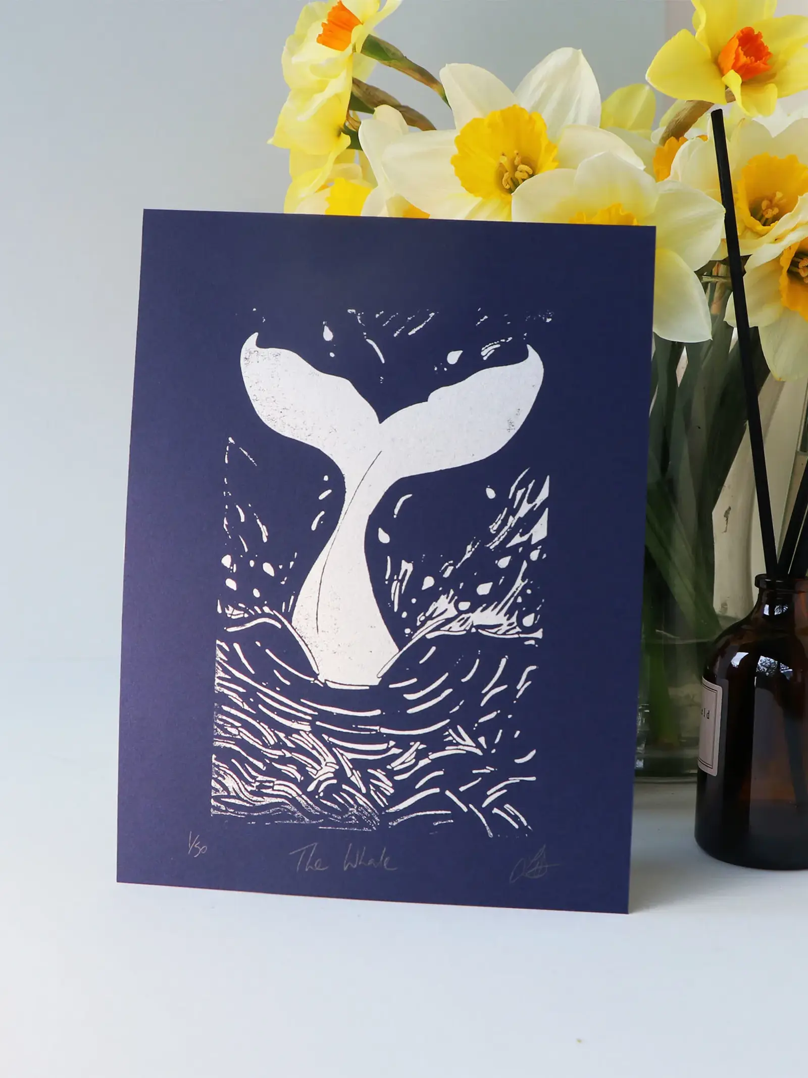 whale silver blue print