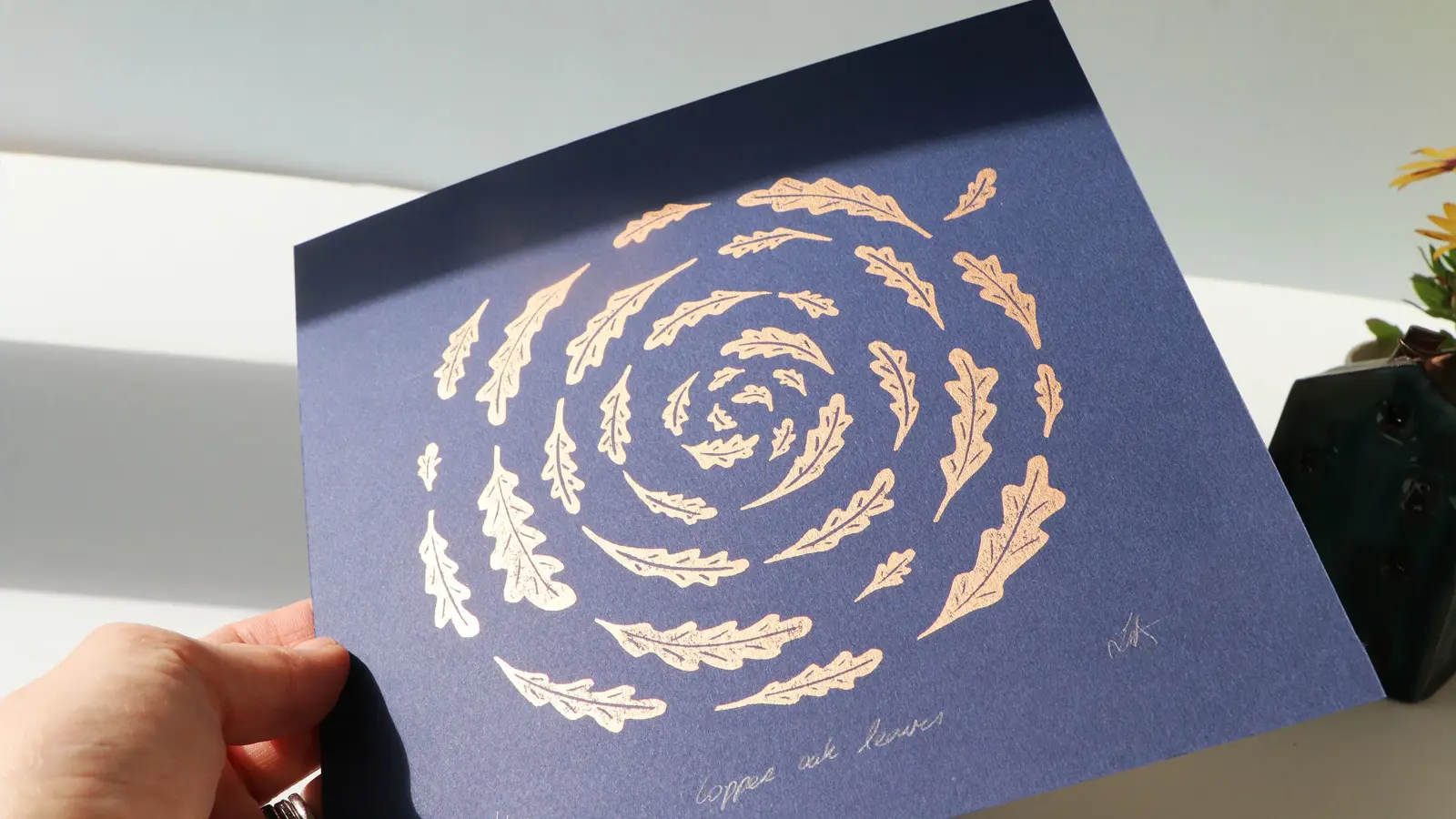 Copper oak leaves – limited edition linocut print